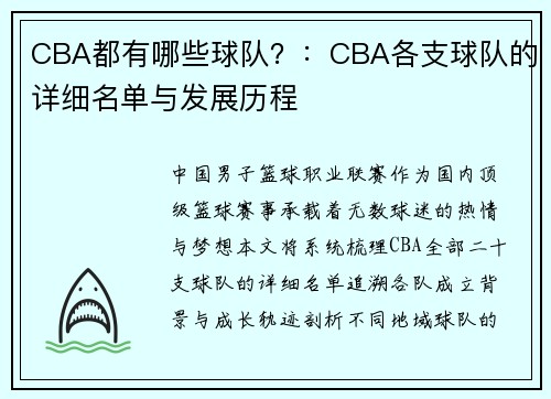 CBA都有哪些球队？：CBA各支球队的详细名单与发展历程